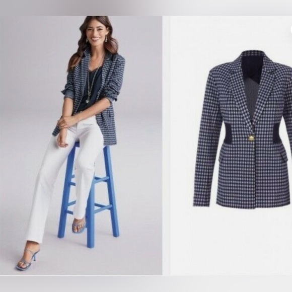 Cabi Checkered Plaid Blazer Jacket women’s navy Blue Career Academia size large - Picture 2 of 13